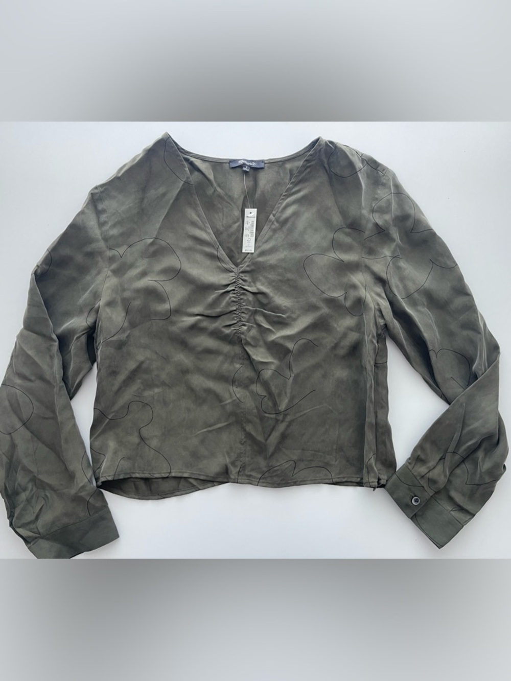 Madewell Olive Green V-Neck Ruched Long Sleeve Blouse